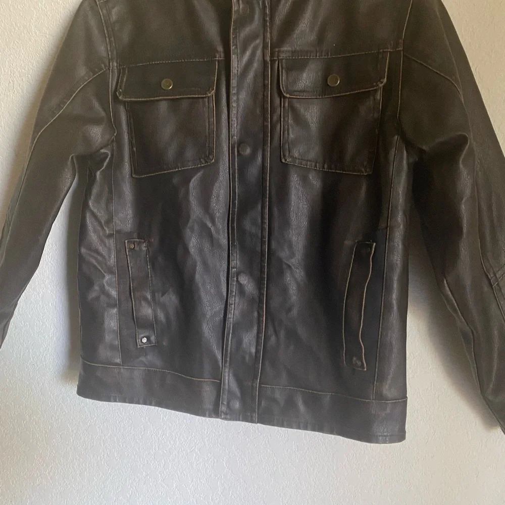 Hawke & Co Boys Brown Faux Leather Sherpa Collar Bomber Biker Moto Jacket 10/12